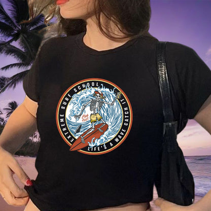 Skeleton Surfing Lady's Crop Tee