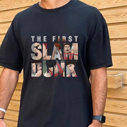 Slam Dunk Animated Basketball Player Print Black Tee