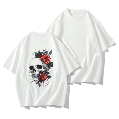 Skull With Red Roses Print Women's Vintage Cotton Tee