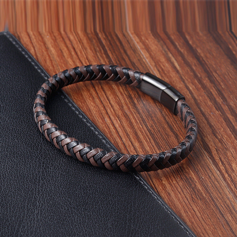 Leather Rope Stainless Steel Men's Braided Bracelet