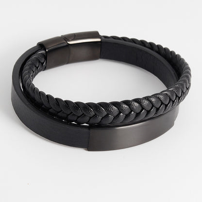 Men's Stainless Steel Woven Bracelet with Black Leather Cord and Leather