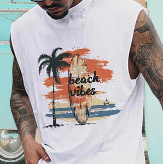 Beach Vibes Surfboard Print Men's Casual Tank Top