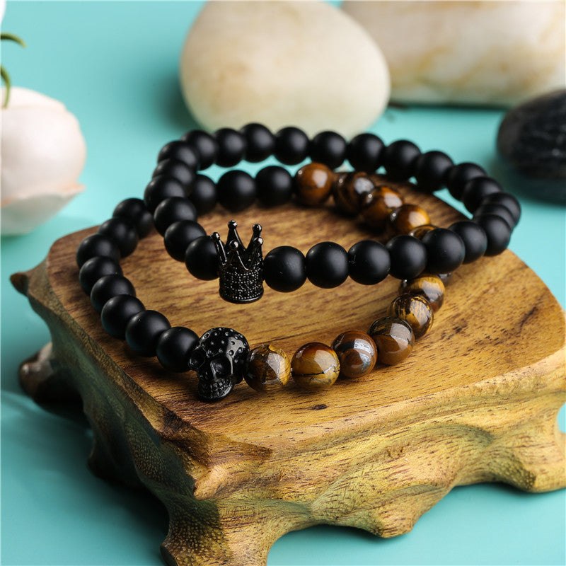 8mm Black Agate Crown Skull Bracelet Set