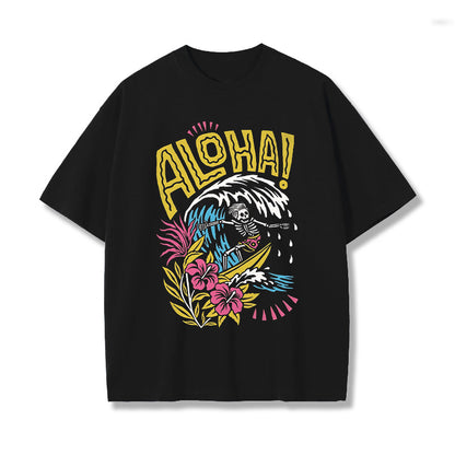 Skeleton Man Surfing Printed Tee, Aloha T-shirt