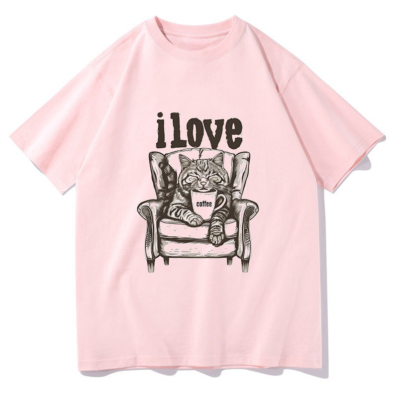 I love Coffee Cat Print Women's Short Sleeve Tee