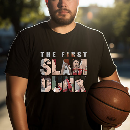 Slam Dunk Animated Basketball Player Print Black Tee