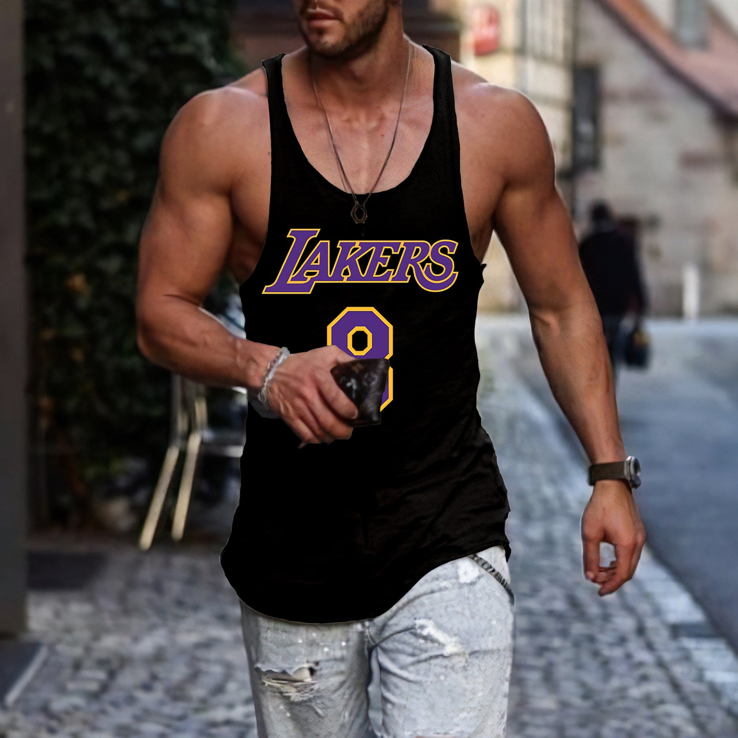 LAKERS Graphic Print Crew Neck Casual Tank Top-A