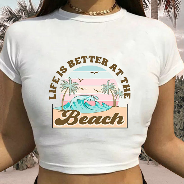 Beach Vibes Ocean Wave Print Lady's Crop Tee