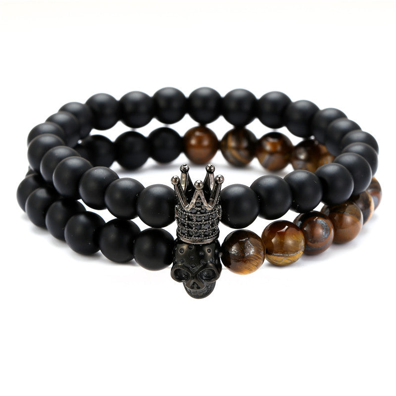 8mm Black Agate Crown Skull Bracelet Set