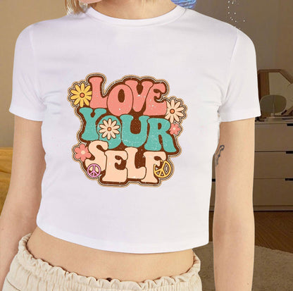 Love Yourself Floral Letter Print Crop Tee