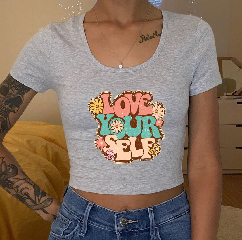 Love Yourself Floral Letter Print Crop Tee