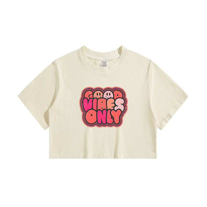 Lady's Good Vibes Cute Letter Print Crop Tee