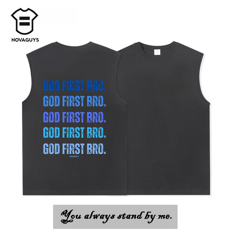 God First Bro. Men's Gradient Blue Letter Print Tank