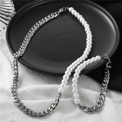 Pearl Stitching Stainless Steel Cuban Chain Men's Necklace