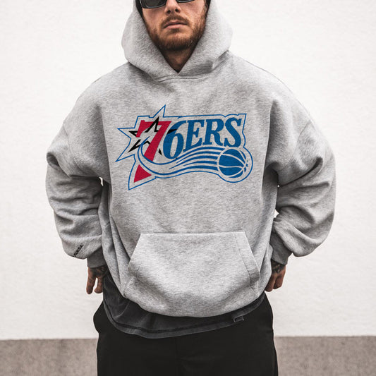 76ers Letter Print Men's Fleeced Gray Hoodie