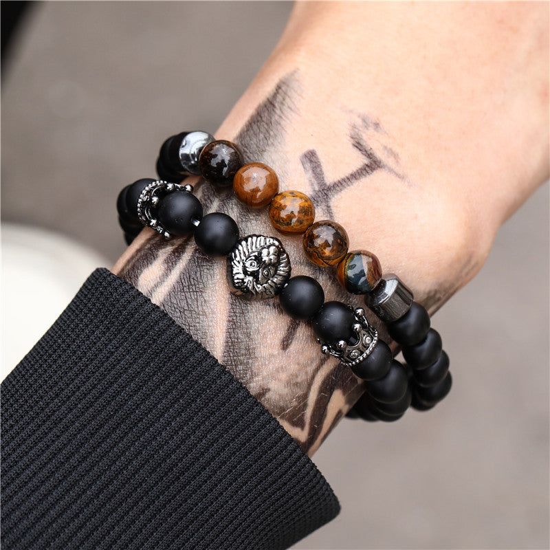 Retro Trend Black Frosted Crown Lion Head Tiger Eye Stone Stretch Set Bracelet