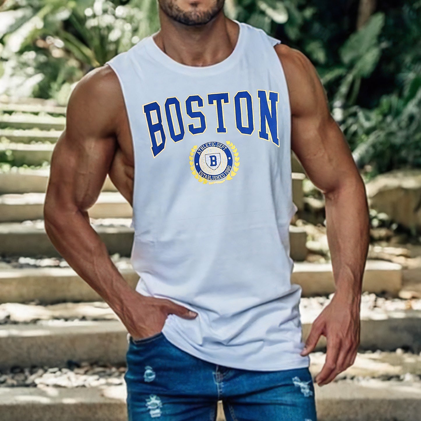 BOSTON Graphic Print Crew Neck Casual Tank Top