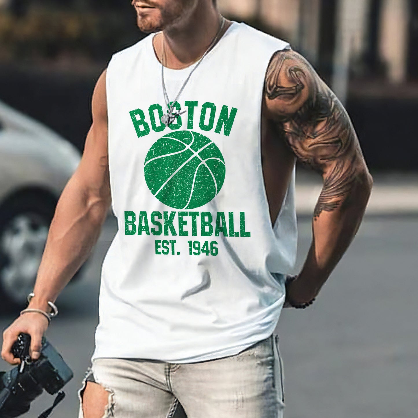 Boston Alphabet Graphic Print Loose Athleisure Men's Tank Top-B