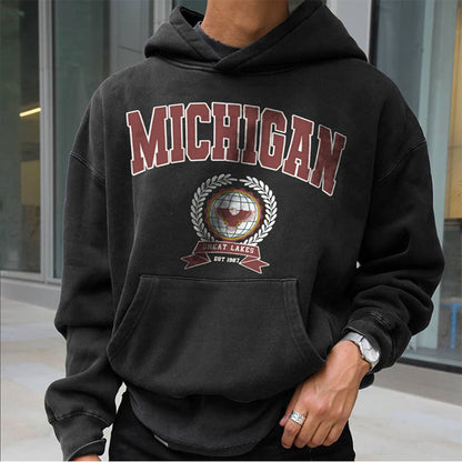 MICHIGAN print Men;s Oversize Fleece Hoodie Black 320g