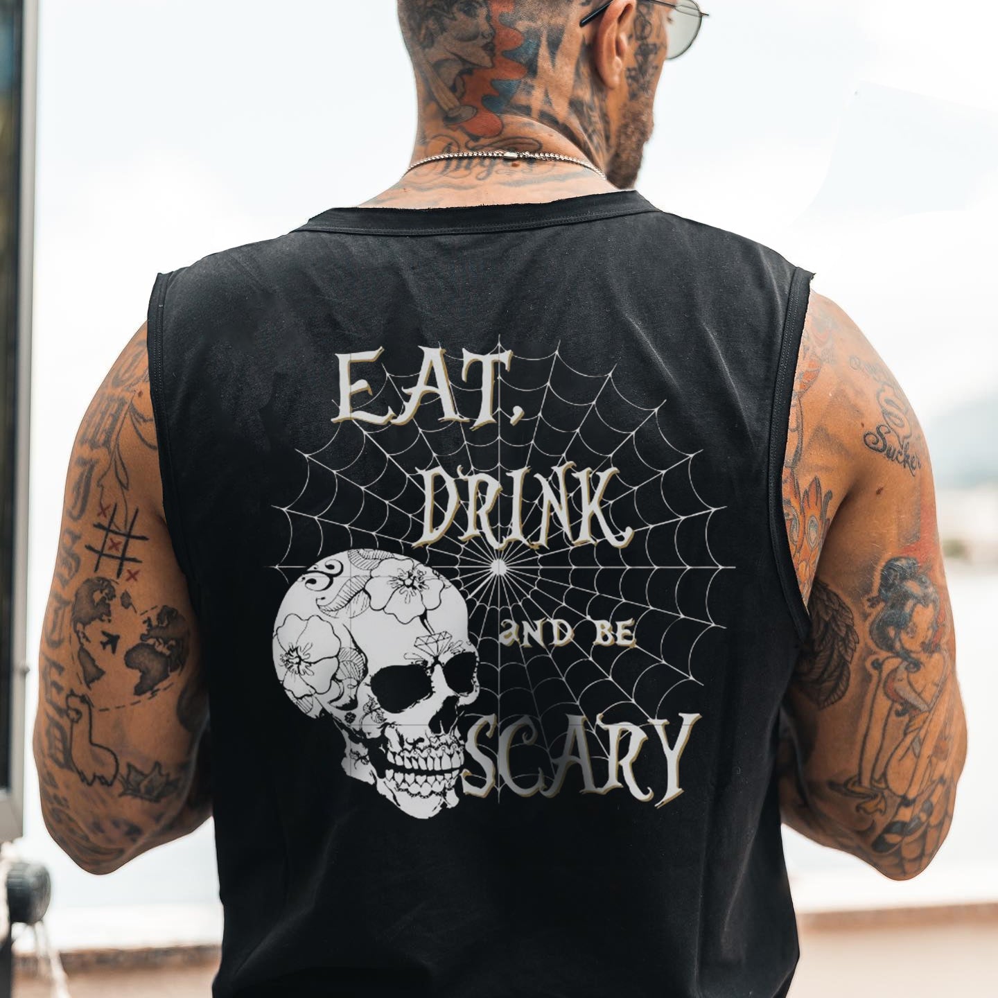 Skull and Spider Web Graphic Print Men's Casual Tank Top