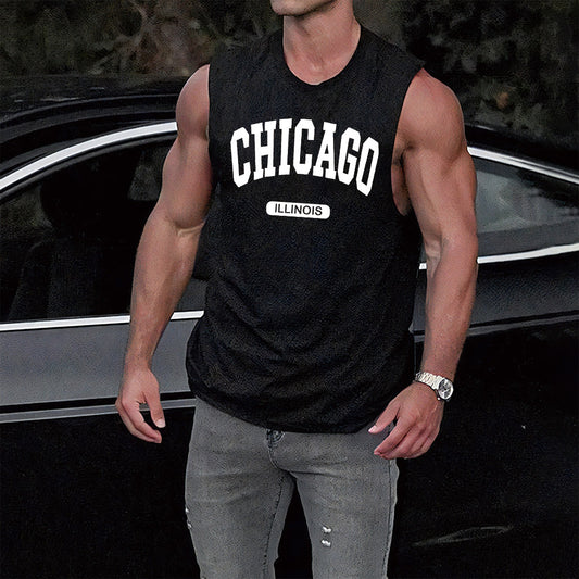 Chicago Alphabet Graphic Print Athleisure Men's Tank Top-C