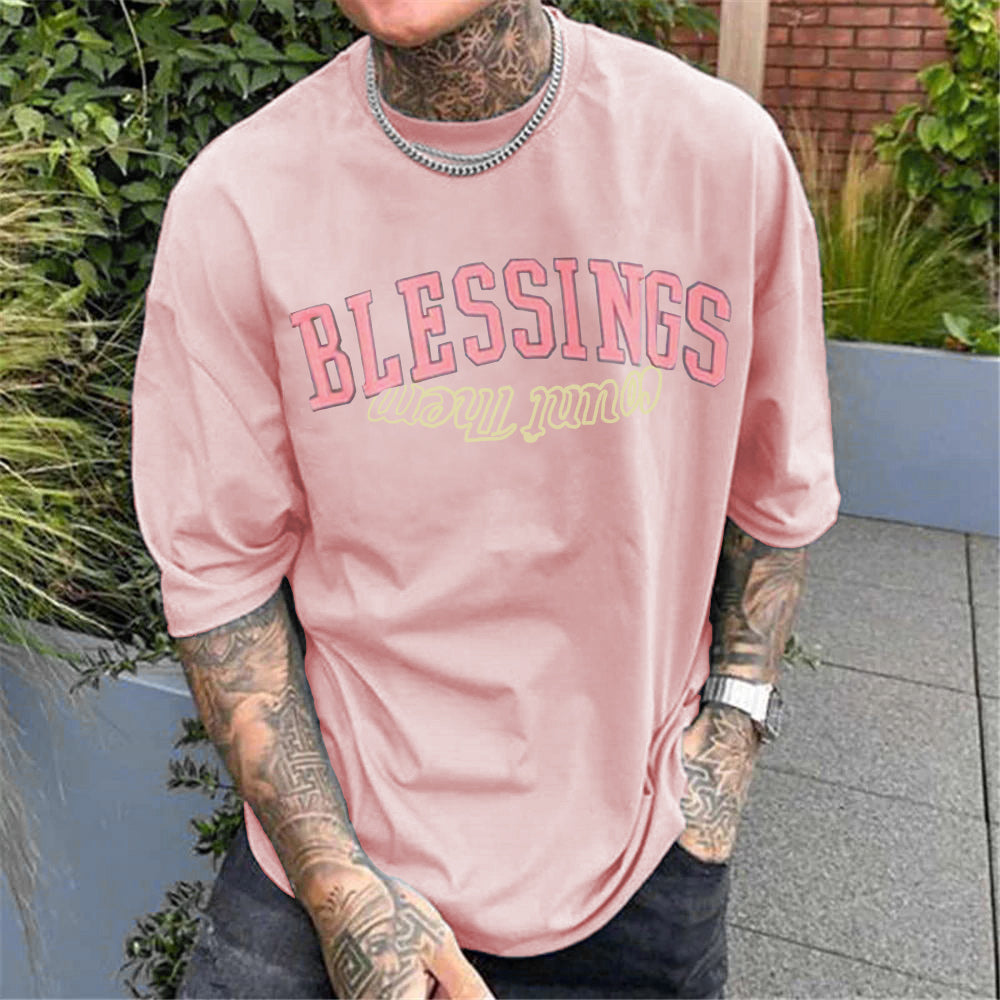 Blessings Letter Print Men's Short Sleeve Cotton T-shirt Multicolor