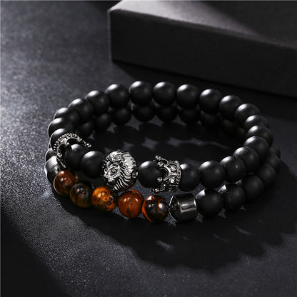 Retro Trend Black Frosted Crown Lion Head Tiger Eye Stone Stretch Set Bracelet