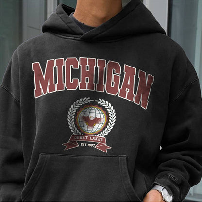 MICHIGAN print Men;s Oversize Fleece Hoodie Black 320g