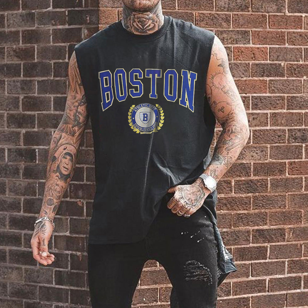 BOSTON Graphic Print Crew Neck Casual Tank Top