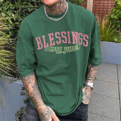 Blessings Letter Print Men's Short Sleeve Cotton T-shirt Multicolor