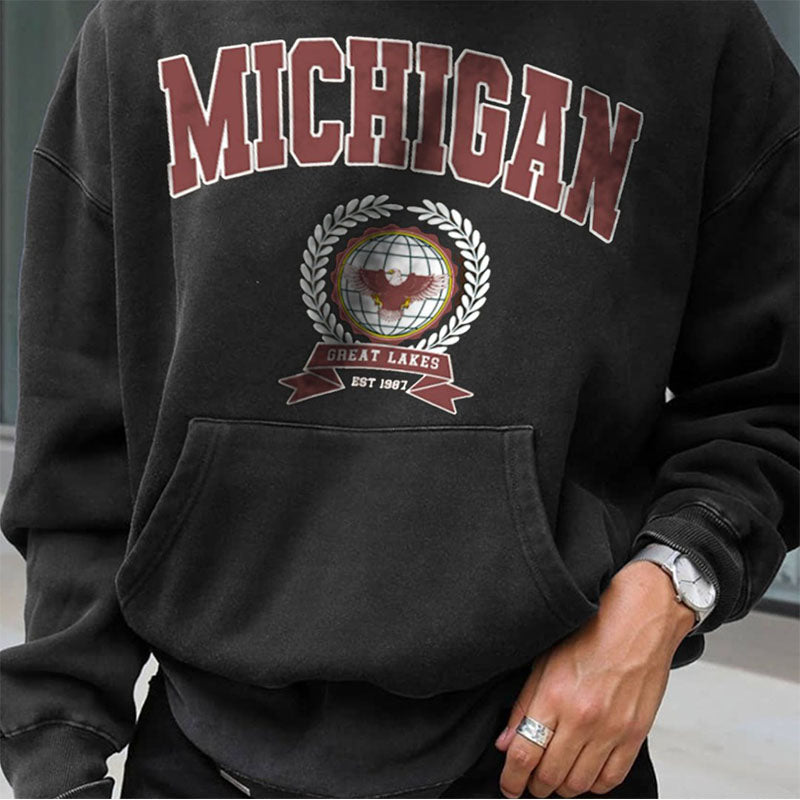 MICHIGAN print Men;s Oversize Fleece Hoodie Black 320g