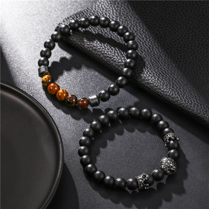 Retro Trend Black Frosted Crown Lion Head Tiger Eye Stone Stretch Set Bracelet