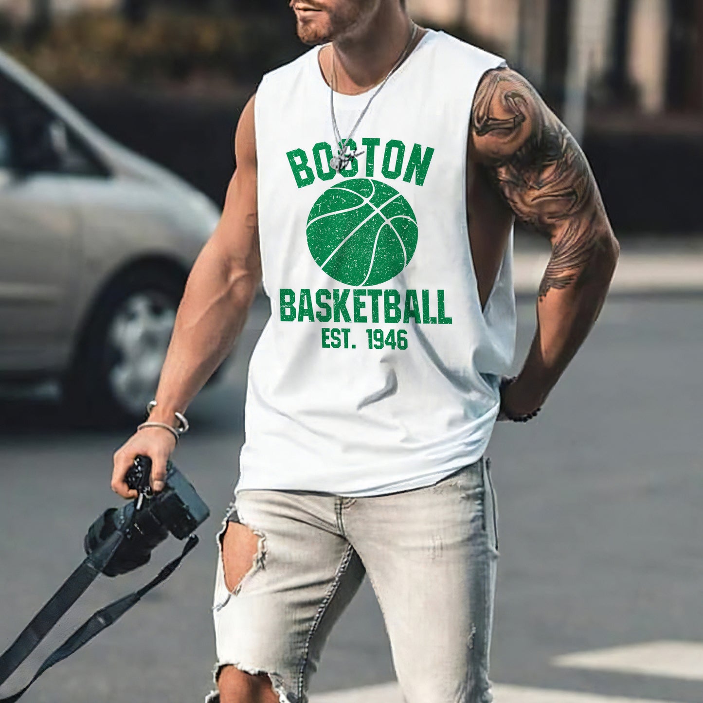 Boston Alphabet Graphic Print Loose Athleisure Men's Tank Top-B