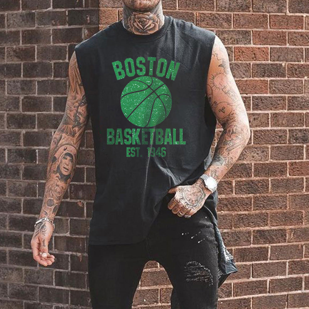 Boston Alphabet Graphic Print Loose Athleisure Men's Tank Top-B