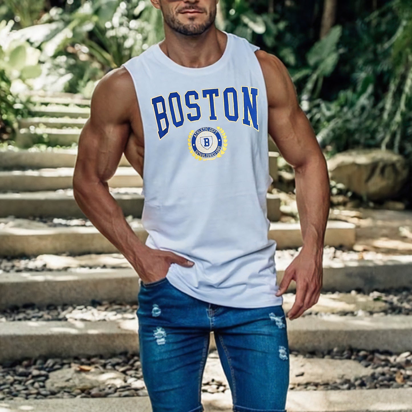 BOSTON Graphic Print Crew Neck Casual Tank Top