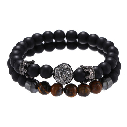 Retro Trend Black Frosted Crown Lion Head Tiger Eye Stone Stretch Set Bracelet