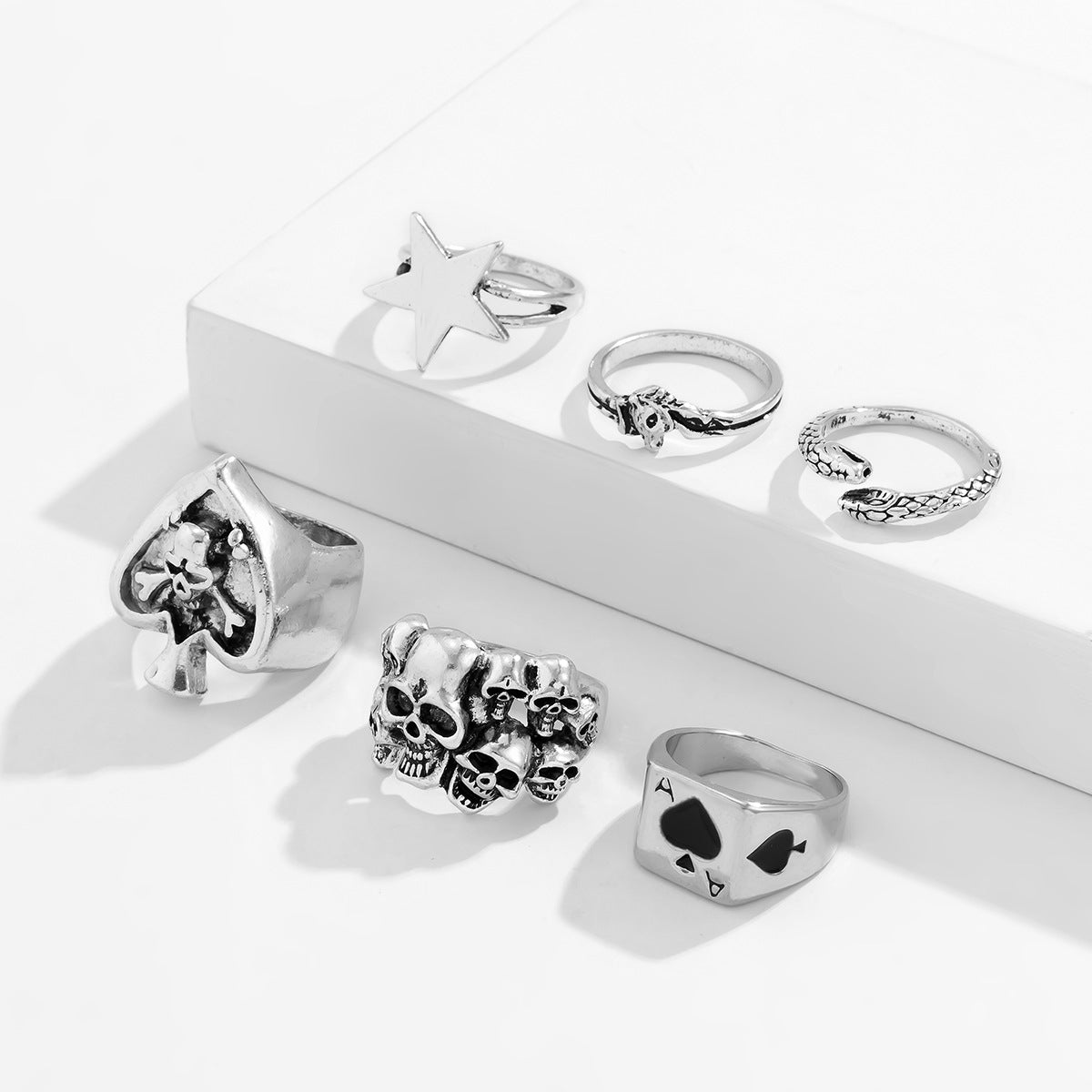 Fashion Metal Skull Snake Ace of Spades Geometric Shape Ring Set