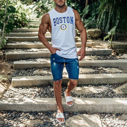 BOSTON Graphic Print Crew Neck Casual Tank Top