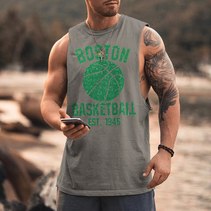 Boston Alphabet Graphic Print Loose Athleisure Men's Tank Top-B