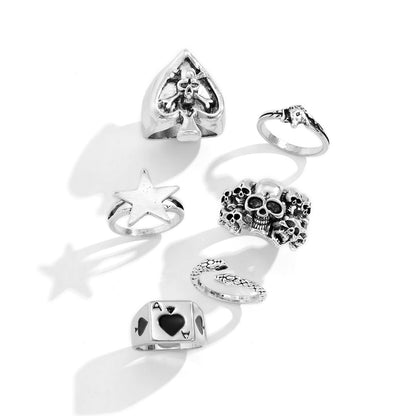 Fashion Metal Skull Snake Ace of Spades Geometric Shape Ring Set