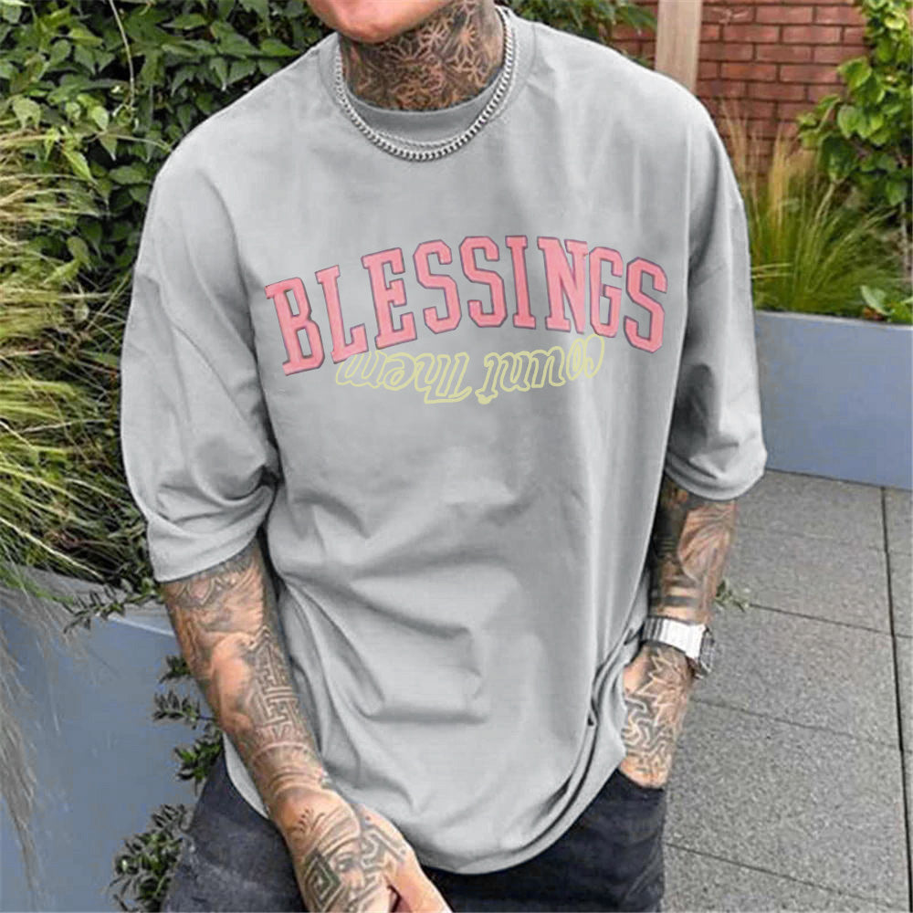 Blessings Letter Print Men's Short Sleeve Cotton T-shirt Multicolor