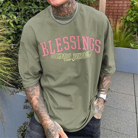 Blessings Letter Print Men's Short Sleeve Cotton T-shirt Multicolor